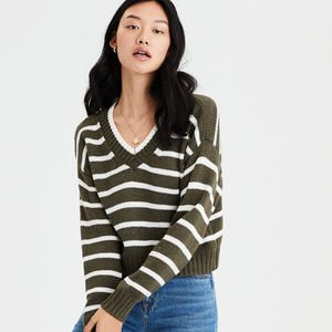 American Eagle Striped V-Neck Pullover Sweater